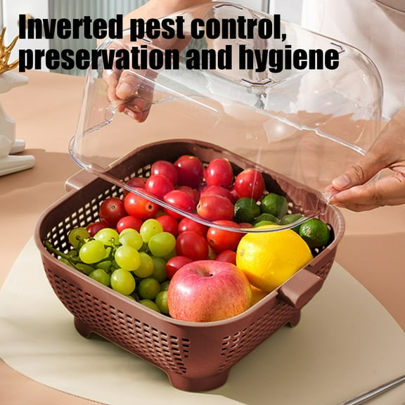 Baskets for Pantry Organization and Storage, Kitchen Organizer Double Layer Drains Basket With Cover Kitchen Fruit And Vegetable Basket Household Portable Vegetable Washing Basin Picnic Basket