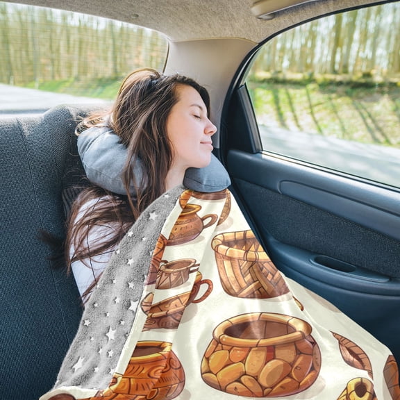 Baskets Travel Blanket Pillow Compact Foldable Airplane Throw Blanket with Trolley Sleeve for Travel Camping