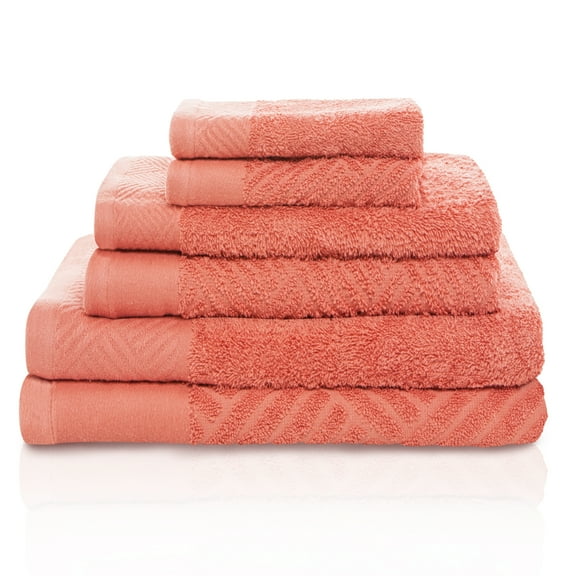 Basketweave Jacquard and Solid 100% Egyptian Cotton Face, Hand, and Bath Towels - 6-Piece, Coral by Blue Nile Mills