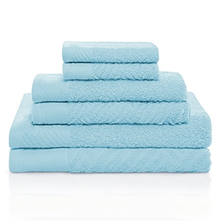 Basketweave Jacquard and Solid 100% Egyptian Cotton Face, Hand, and Bath Towels - 6-Piece, Sky Blue by Blue Nile Mills