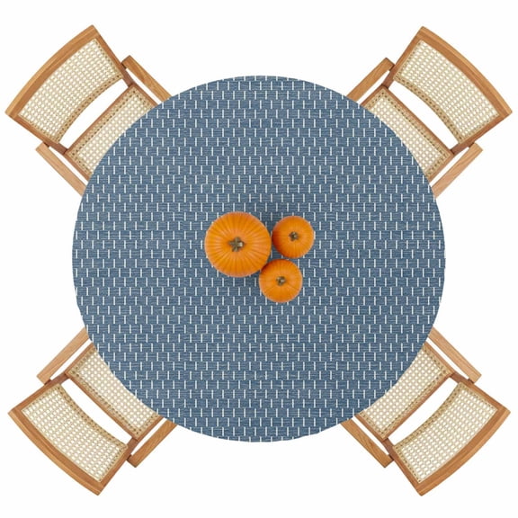 Basketweave Round Fitted Tablecloth Rustic Minimalist Denim Blue Woven Dashes Textured Elastic Table Cloth Waterproof Oil Proof Table Cover Fits Fits 36"-44" Tables Round Tables for Party Picnic