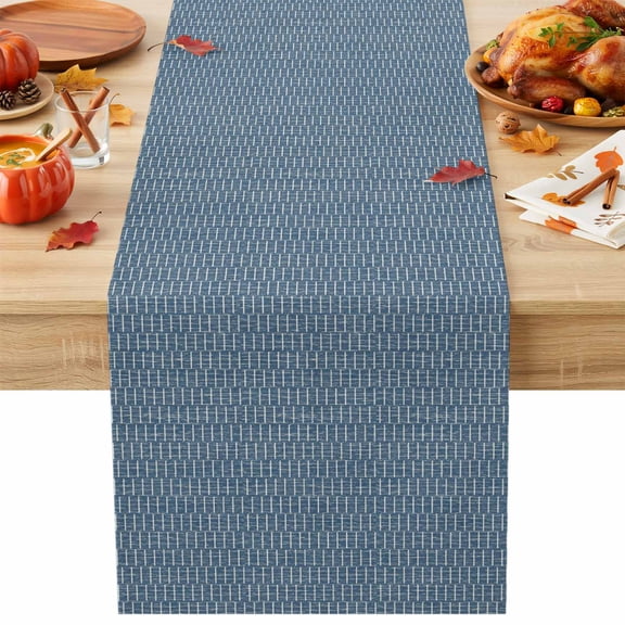 Basketweave Table Runner 13x36 Inch Rustic Minimalist Denim Blue Woven Dashes Textured Cotton Linen Dining Table Runner Ideal for Dresser Kitchen Coffee Tables - Machine Washable