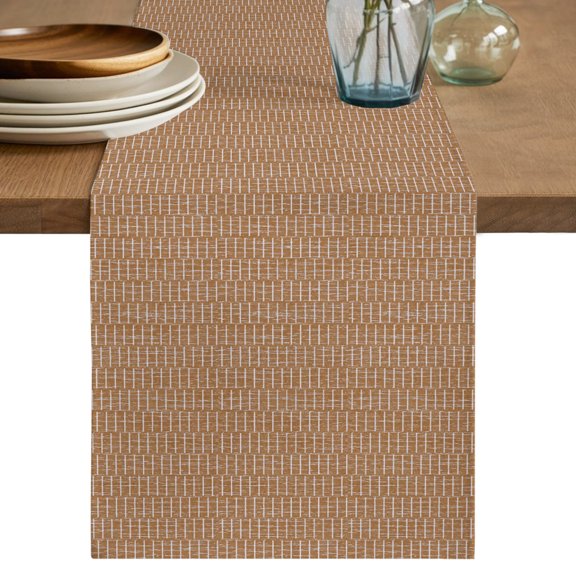 Basketweave Table Runner, Rustic Minimalist Brown Woven Dashes Textured Cotton Linen Table Cloth, Tablerunner for Kitchen Dining Party Wedding Home Decor 13x36 Inch
