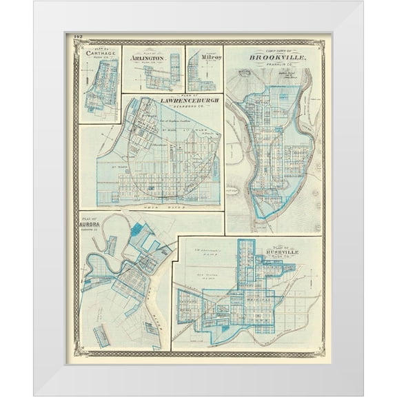 Baskin 12x14 White Modern Wood Framed Museum Art Print Titled - Brookeville, Rushville, Aurora, Lawrenceburgh