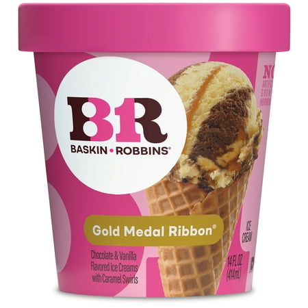 Baskin-Robbins Gold Medal Ribbon Ice Cream, 14 fl oz Cup – Chocolate and Vanilla Ice Cream with Caramel Swirl