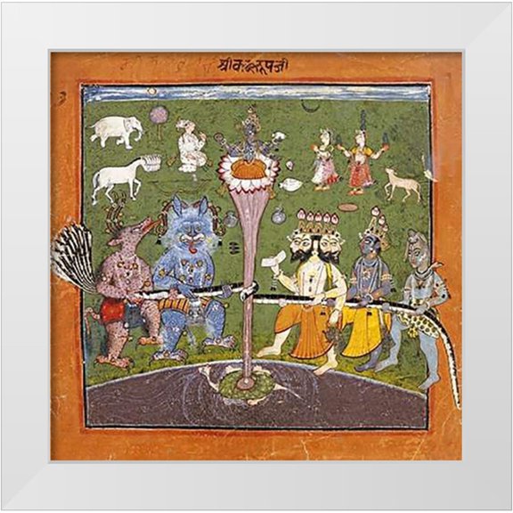 Basohli 12x12 White Modern Wood Framed Museum Art Print Titled - The Churning of The Milky Ocean