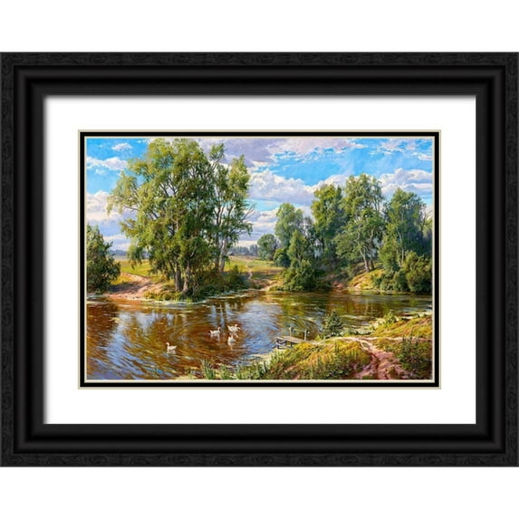 Basov, Sergej 18x14 Black Ornate Wood Framed with Double Matting Museum Art Print Titled - Village pond