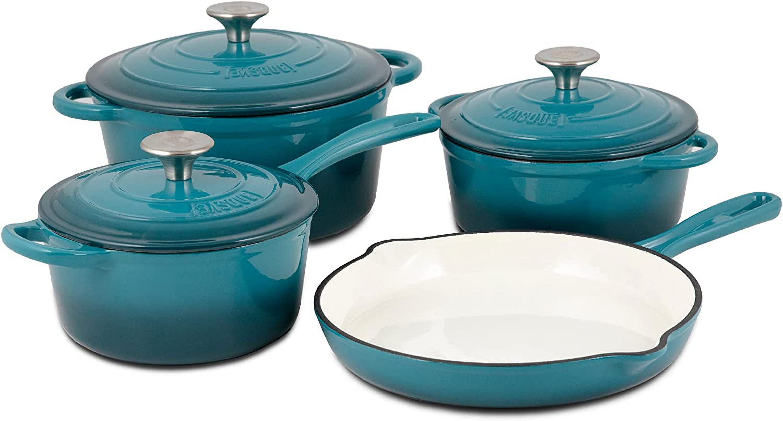 Basque Enameled Cast Iron Cookware Set, 7Piece Set (Biscay Blue), Nonstick, Oversized Handles