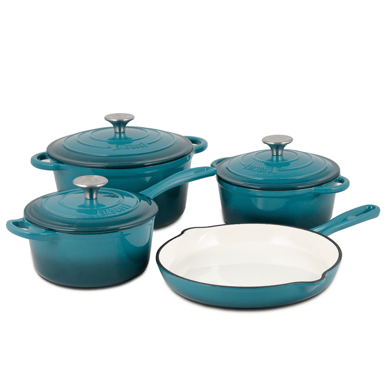 Basque Enameled Cast Iron Cookware Set, 7-Piece Set (Biscay Blue),  Nonstick, Oversized Handles, Oven Safe; Skillet, Saucepan, Small Dutch  Oven, Large