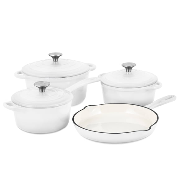Basque Enameled Cast Iron Cookware Set, 7-Piece Set, Nonstick, Oven Safe White