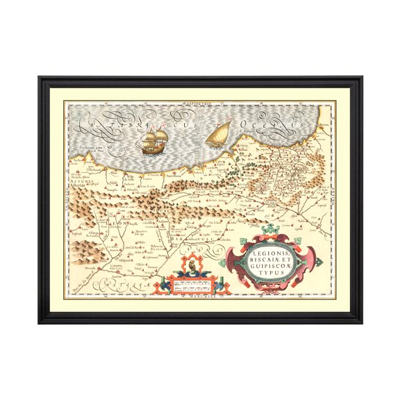 Basque Regions of Spain Spain Art, 1623 Vintage Map of Basque Regions of Spain Spain History Wall Decor Gift, Old Basque Regions of Spain Map - 24" x 18" Black Framed Print