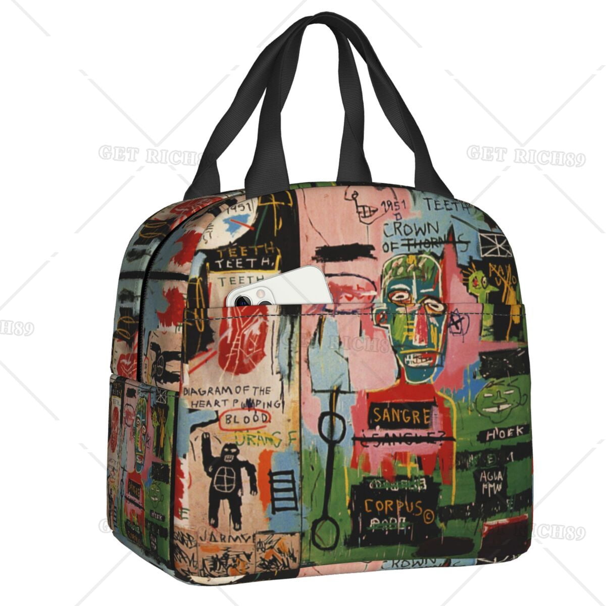 Basquiats Crown Graffiti Art Lunch Bag Women Resuable Thermal Insulated Lunch Box for School Work Picnic Storage Food Tote Bags