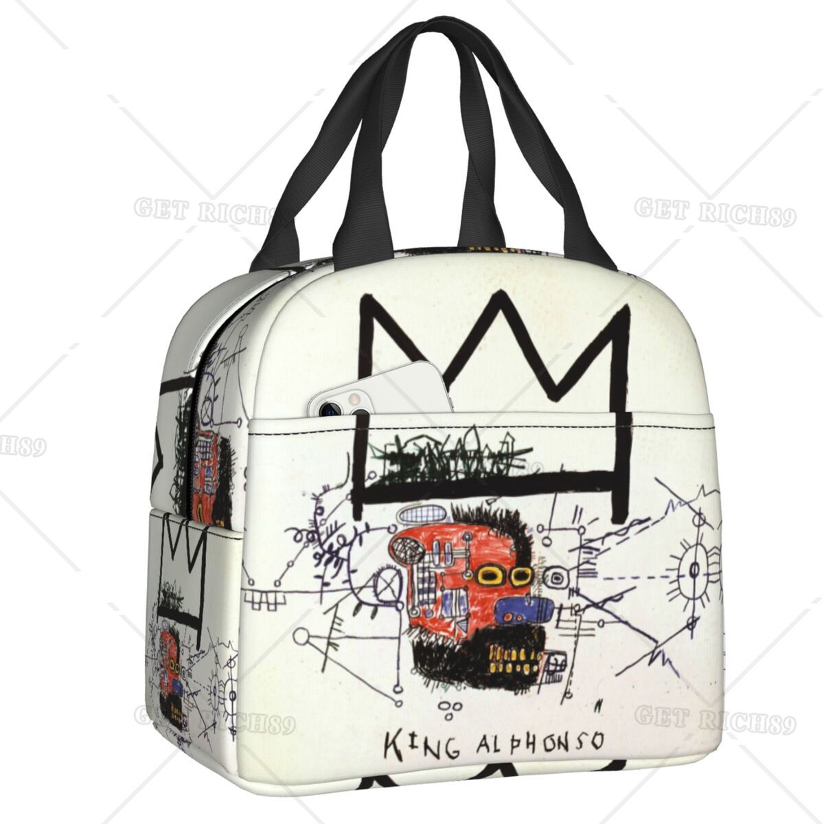 Basquiats Crown Graffiti Art Lunch Bag Women Resuable Thermal Insulated Lunch Box for School Work Picnic Storage Food Tote Bags