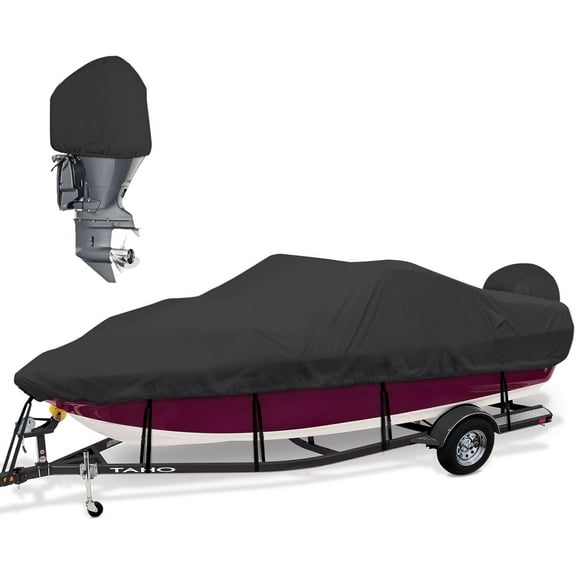 Bass Boat Cover 14-16 ft, 600D Heavy Duty Waterproof Boat Cover 14 15 16 Foot (14'-16' with Motor Cover), Fits V-Hull, Fishing, Runabout Bowrider Boat