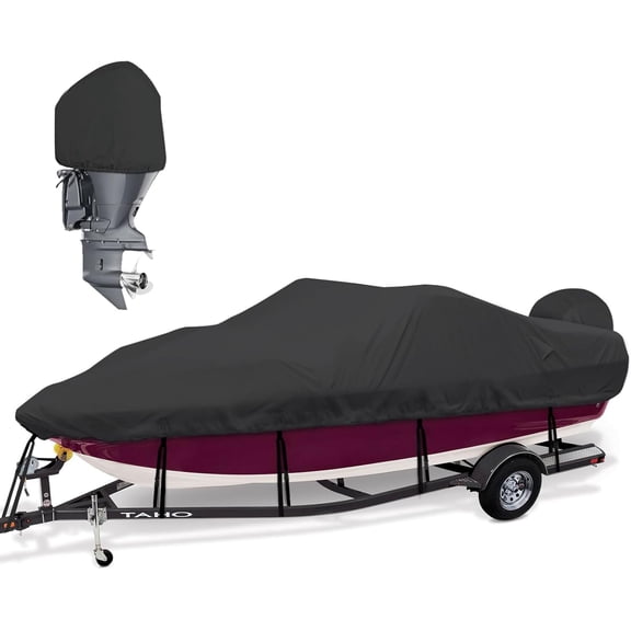 Bass Boat Cover 16-18.5ft, 600D Heavy Duty Waterproof Boat Cover 16 17 18.5 Foot (16'-18.5' with Motor Cover), Fits V-Hull, Fishing, Runabout Bowrider Boat