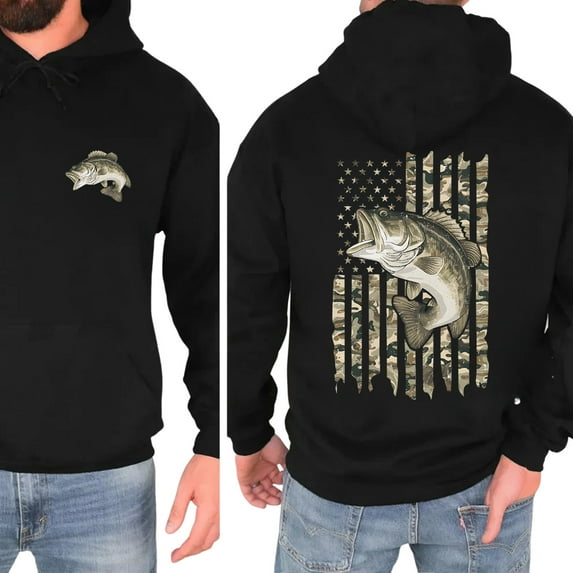 Bass Camo Fish Flag Hoodie – Double Sided Patriotic Fishing Pullover for Men, Outdoor Fisherman Hoodie, Perfect Father’s Day or Husband Gift