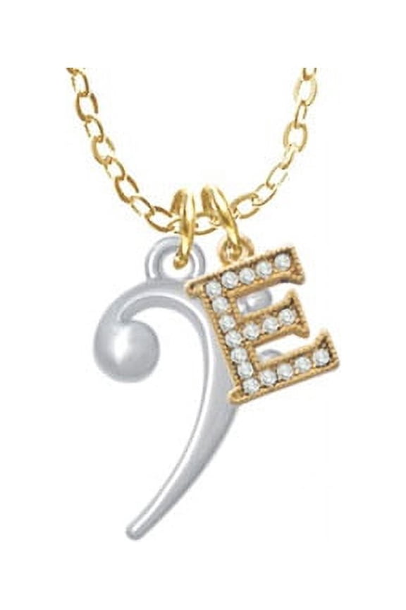 Bass Clef - E - Gold Tone Crystal Initial Sophia Necklace, 18"+1"