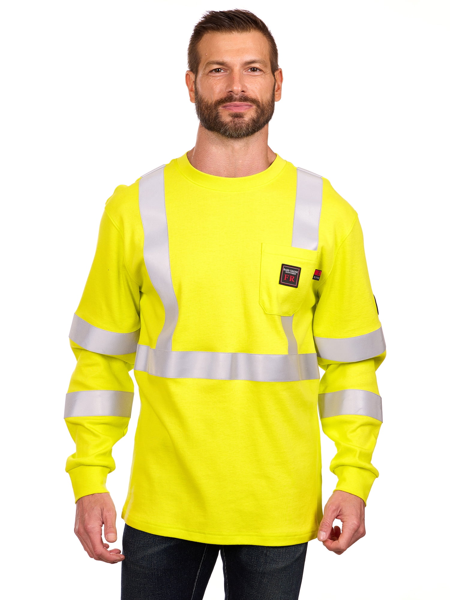 Bass Creek Outfitters Men's Flame Resistant Hi-Vis Safety Long Sleeve Knit Top, Sizes M-2XL
