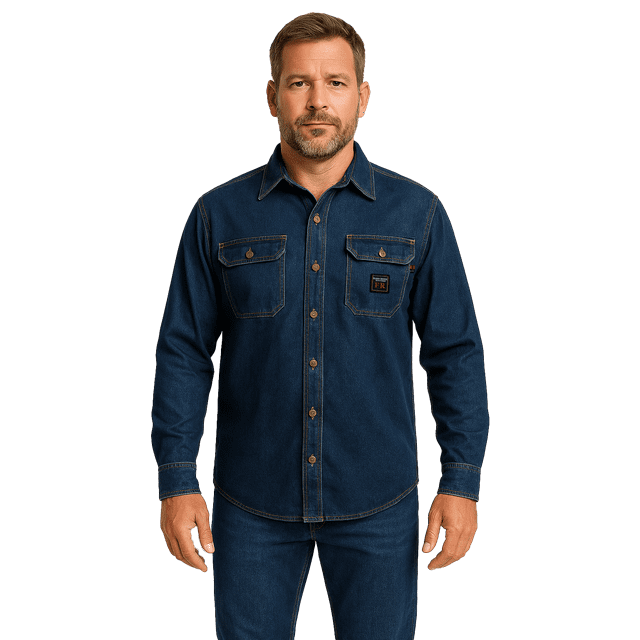 Bass Creek Outfitters Men's Flame Resistant Long Sleeve Denim Work Shirt, Sizes M-XXL