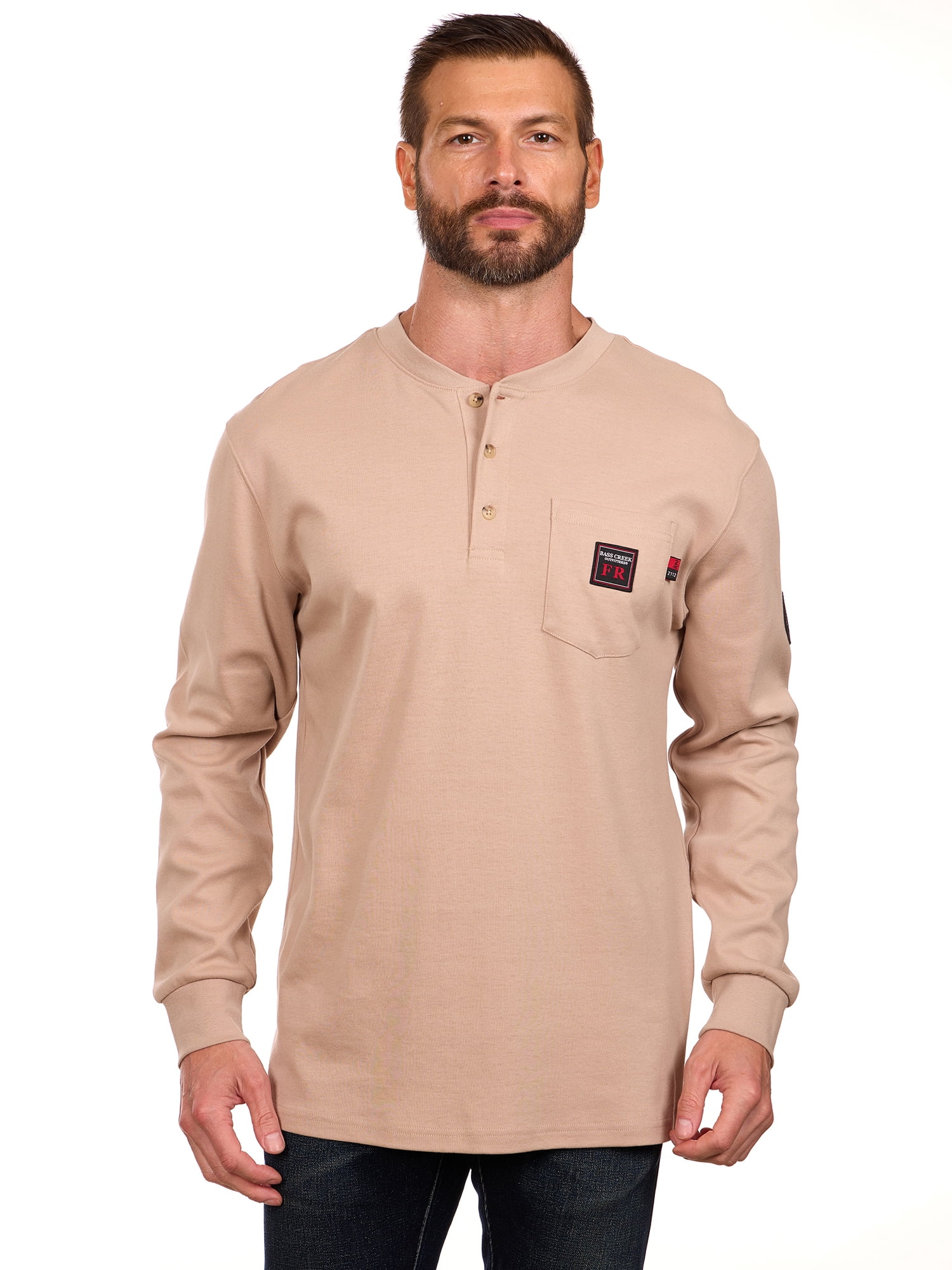 Bass Creek Outfitters Men's Flame Resistant Long Sleeve Henley Knit Top, Sizes M-2XL