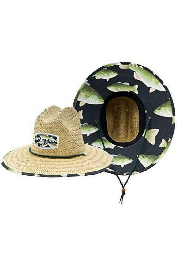 Bass Fabric Pattern Print Straw Sunhat Men & Women, Lifeguard Hat, Beach, Swim, Cruise, Paddle Board, Boat, Fishing, Fits All, Malabar Hat