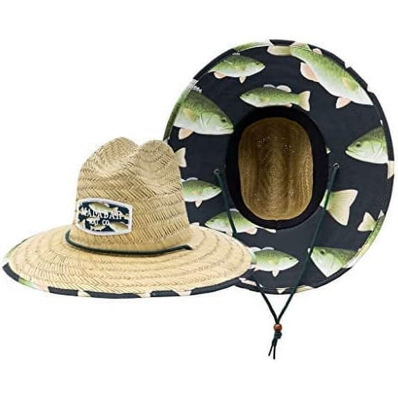 Bass Fabric Pattern Print Straw Sunhat Men & Women, Lifeguard Hat, Beach, Swim, Cruise, Paddle Board, Boat, Fishing, Fits All, Malabar Hat