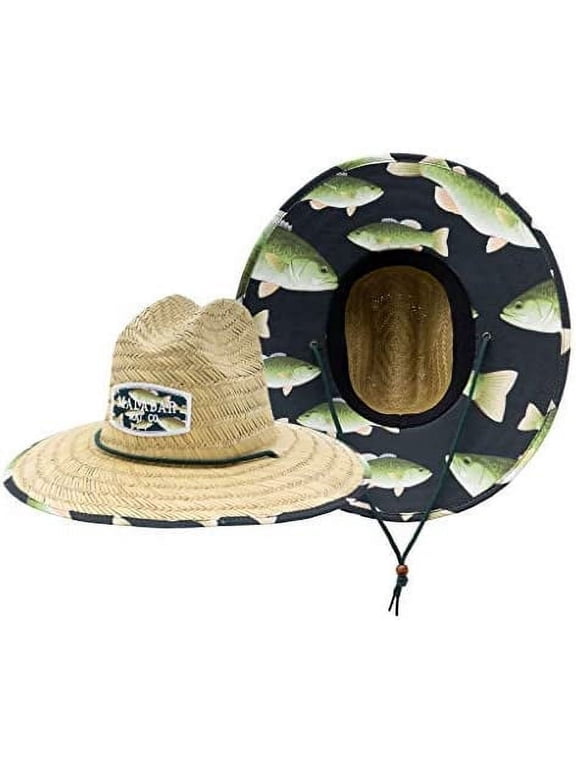 Bass Fabric Pattern Print Straw Sunhat Men & Women, Lifeguard Hat, Beach, Swim, Cruise, Paddle Board, Boat, Fishing, Fits All, Malabar Hat