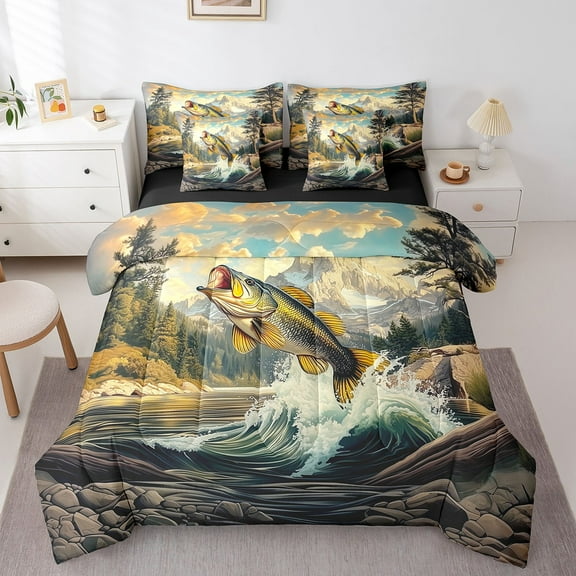 Bass Fish 7 Pcs Comforter Set Full,Fishing Theme Bedding Set with 1 Comforter,2 Pillowcases,2 Pillow Covers,1 Flat Sheet,1 Fitted Sheet,Lake House Bedding for Room Decor