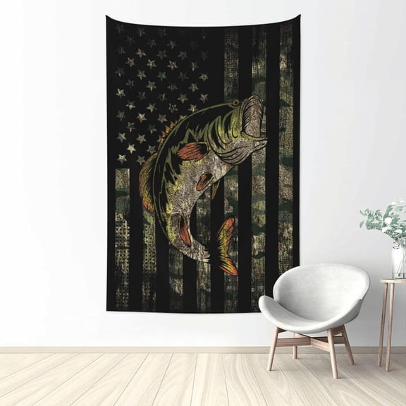 Bass Fish American Flag Wall Tapestry, Camo Fishing Fabric Wall Hanging Decor for Bedroom, Living Room, Man Cave, Dorm, 40 x 60 Inch