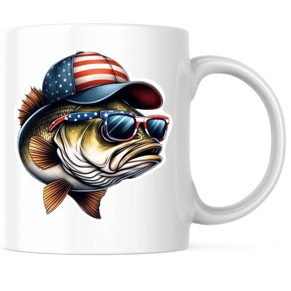 Bass Fish With American Hat and Sunglasses Coffee Mug - Mug for Fisherman Angler - USA - 11 Ounce Coffee Mug - Design Printed On Both Sides - Glossy Ceramic - Microwave & Dishwasher Safe - BMCM01364