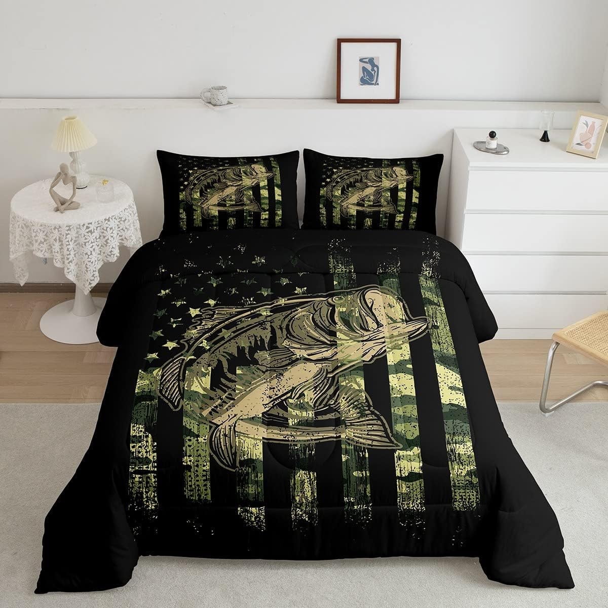 Bass Fish Camouflage Comforter Set Queen Pike Fish Camo Bedding Set for
