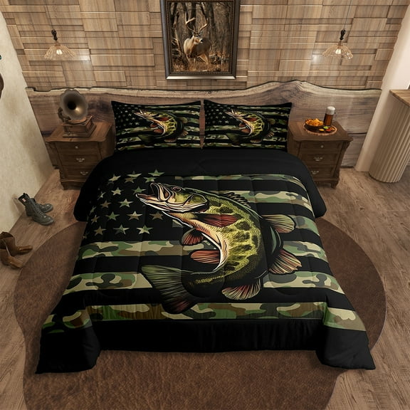 Bass Fish Camouflage Twin Size Comforter Set Farmhouse Fishing Bedding Set Adults Teens Retro Green Camo Comforter Luxury Bass Fish Pattern Quilt Set Room Decor