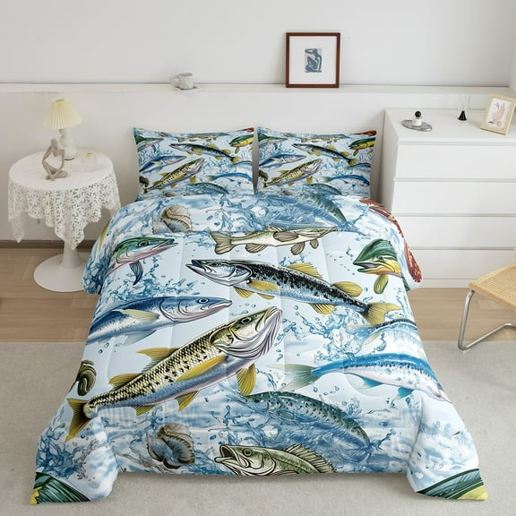 Bass Fish Comforter Set King Size,Fishing Hunting Bedding Sets 3Pcs Teens Men Adult Room Decor,3D Fish Animals Quilt Set Modern Blue Green Duvet Insert,2 Pillowcases