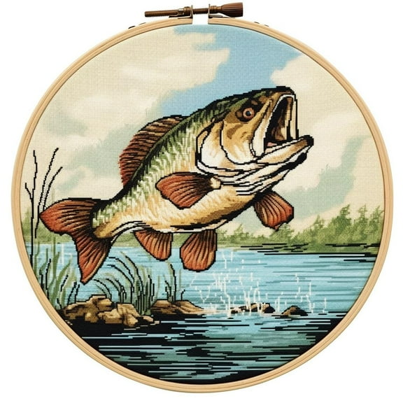 Bass Fish DIY Stamped Cross Stitch Kits for Beginners Easy with Hoop 11CT Needlepoint Embroidery Counted Cross Stitch Kits Art Craft Wall Decor and Gift 35x35cm(1)