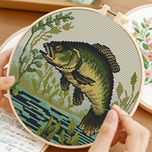 Bass Fish DIY Stamped Cross Stitch Kits for Beginners Easy with Hoop 11CT Needlepoint Embroidery Counted Cross Stitch Kits Art Craft Wall Decor and Gift 35x35cm(2)
