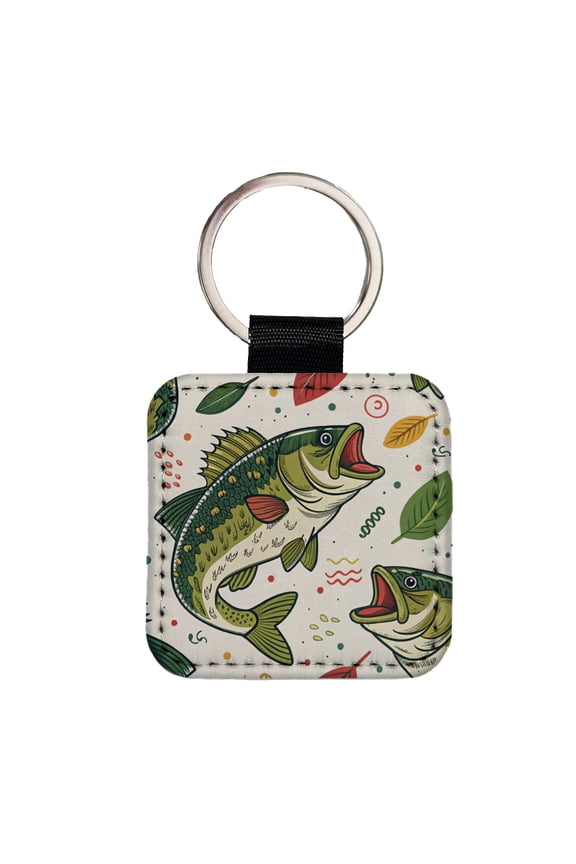 Bass Fish Fishing Cute Cartoon Faux Leather Square Keychain
