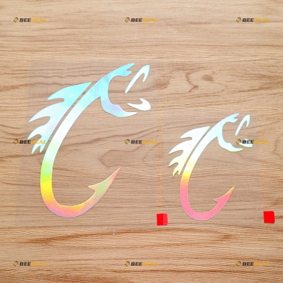 Bass Fish Fishing Hook Sticker Decal Vinyl - 2 Pack Holographic Iridescent, 4 Inches, 6 Inches - No Background Die Cut for Car Boat Laptop Cup