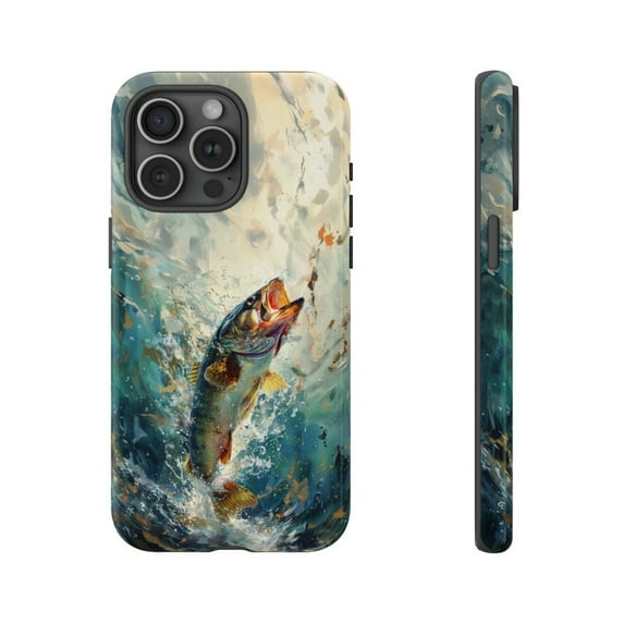 Bass Fish Flow in River Splash Scenic Fishing Inspired Artistic Illustration Phone Case with iPhone 11 to 17 Pro Max
