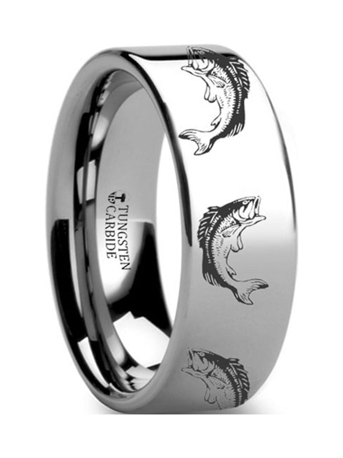 Bass Fish Jumping Sea Print Pattern Ring Engraved Flat Tungsten Ring ...