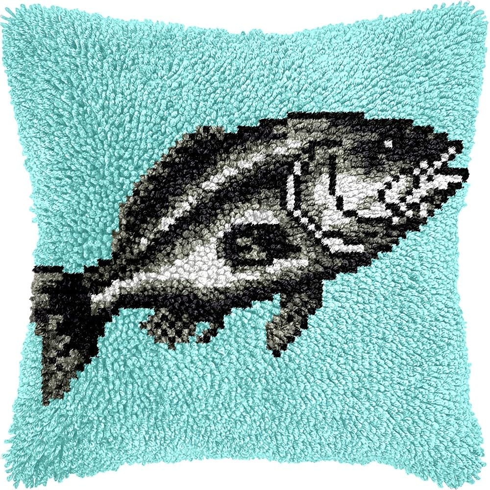 Bass Fish Latch Hook Pillow Kits for DIY Throw Pillow Cushion Embroidery Latch Hooking Pillowcase Kits with Preprinted Canvas Crochet Yarn Kits for Home Decor 17''X 17''(d273)