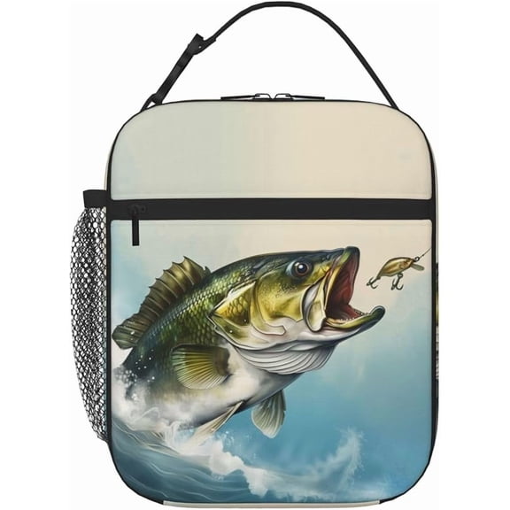 Bass Fish Lunch Box Bass Fish Jumps out of Water Lunch Bag Insulated Reusable Portable Fishing Lunch Tote Cooler Bag for Women Men Teens, Office Work Travel Lunchbox