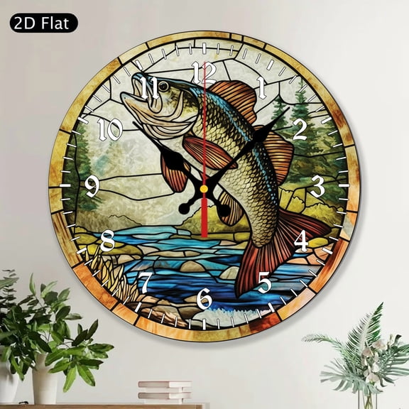 Bass Fish Stained Glass Style Round Wall Clock, Rustic MDF Wood Fishing Decor, Lake House Cabin Lodge Angler Man Cave Gift for Dad