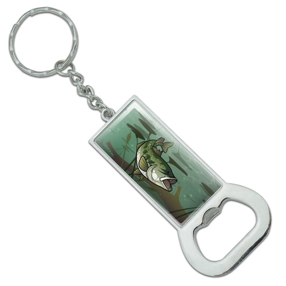 Bass Fish Swimming in River Keychain Rectangle Chrome Plated Metal Bottle Cap Opener