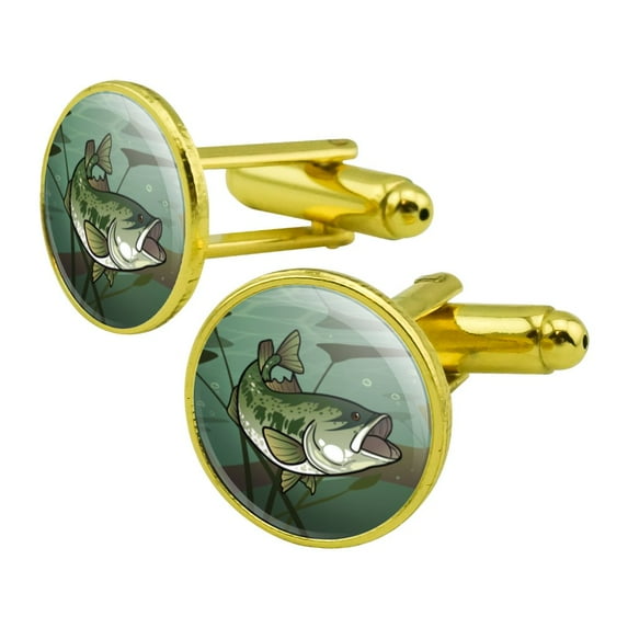 Bass Fish Swimming in River Round Cufflink Set Gold Color