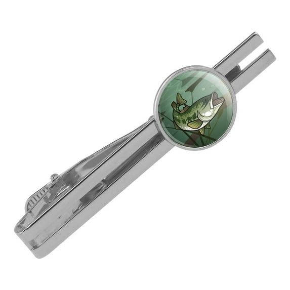 Bass Fish Swimming in River Round Tie Bar Clip Clasp Tack Silver Color Plated