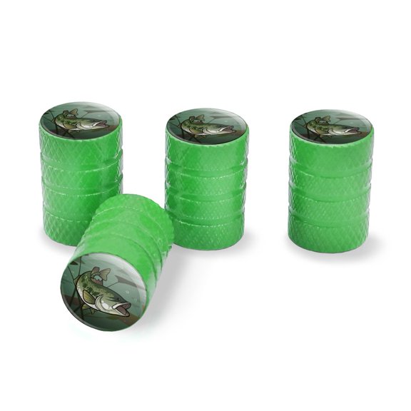 Bass Fish Swimming in River Tire Rim Wheel Aluminum Valve Stem Caps - Green