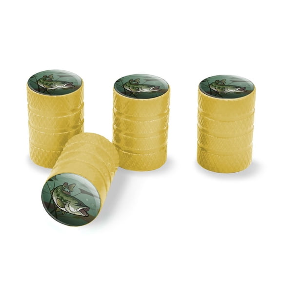 Bass Fish Swimming in River Tire Rim Wheel Aluminum Valve Stem Caps - Yellow