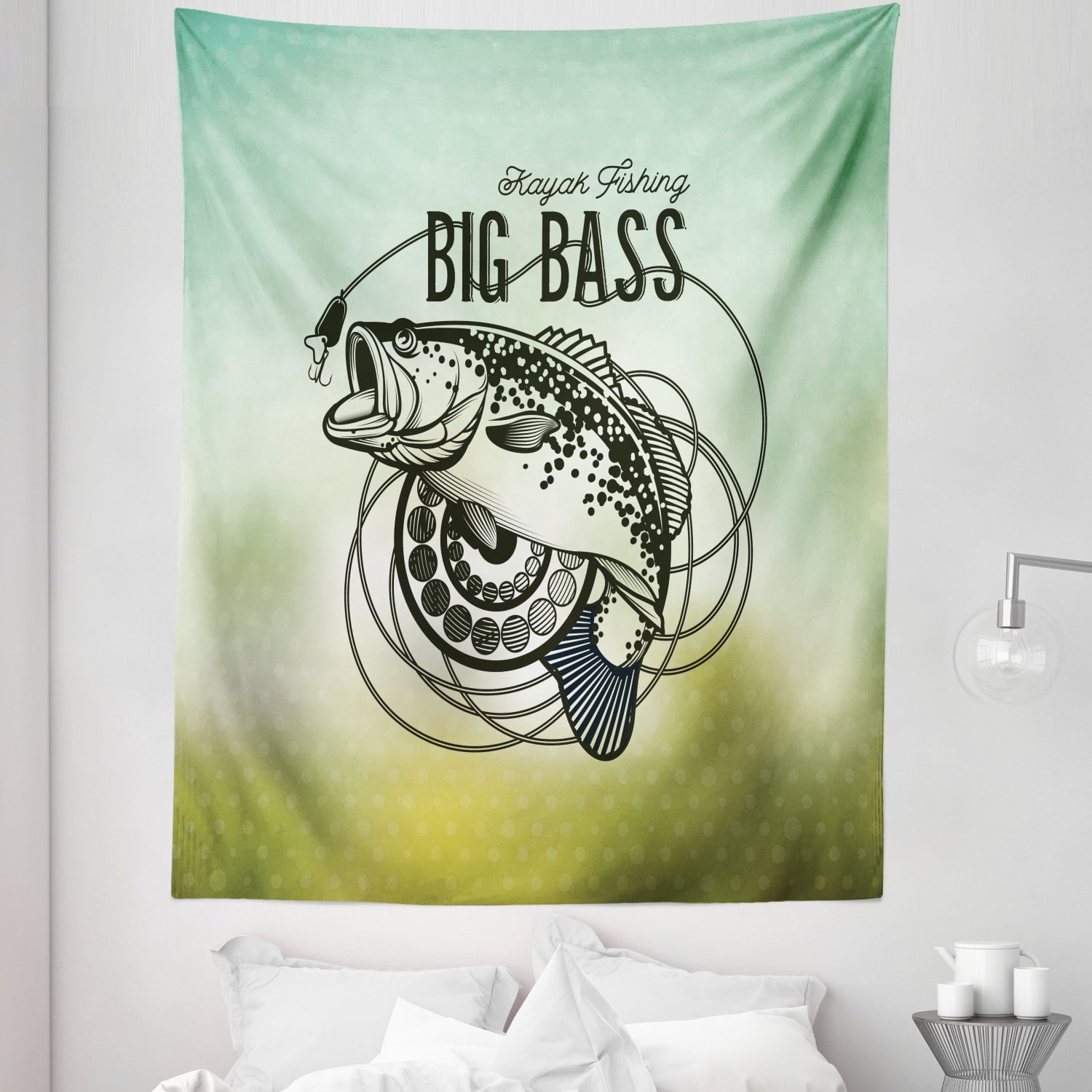 Bass Fish Tapestry, Kayak Fishing Lettering Hunting Animals Bait in the ...