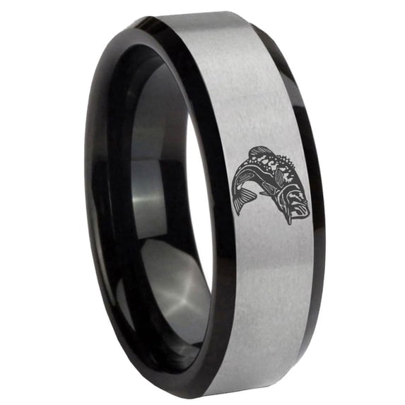 Bass Fishing 8MM Beveled Edge Gray And Black Tungsten Men Ring
