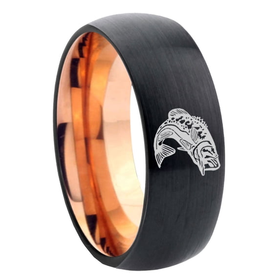 Bass Fishing 8MM Dome Black And Rose Gold Tungsten Wedding Ring